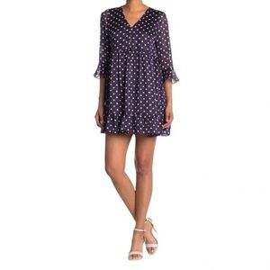 19 Cooper Navy Blue Polka Dot Mini Dress Size Large Metallic Stripe Sheer Sleeve